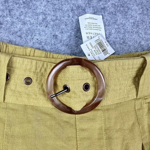 American Eagle Linen Blend Shorts Women S Mustard Yellow Belted Pleated Boho NEW - Picture 2 of 12
